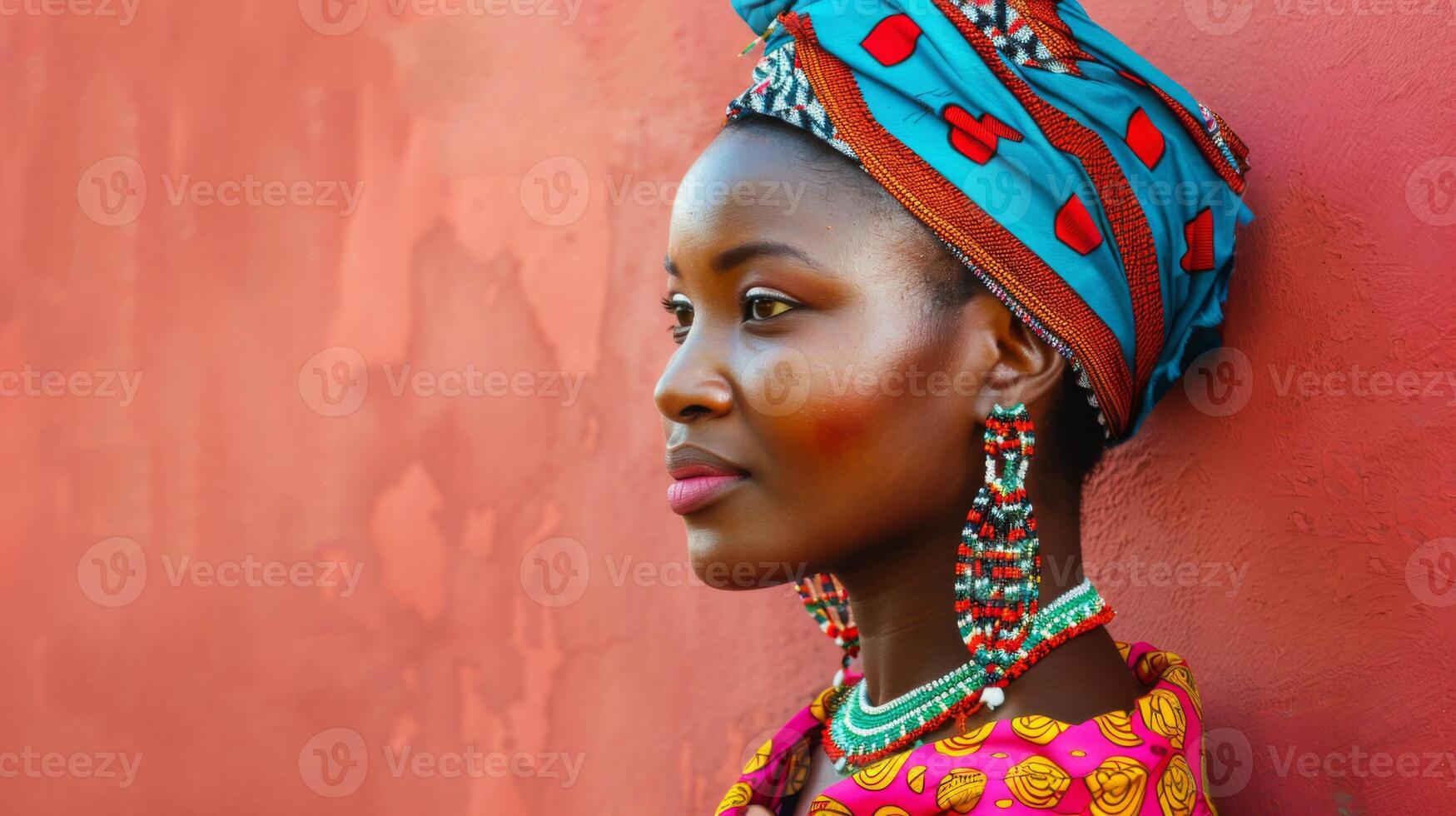 retrato do a africano mulher dentro tradicional quebra cabeça e brincos com vibrante vermelho fundo foto