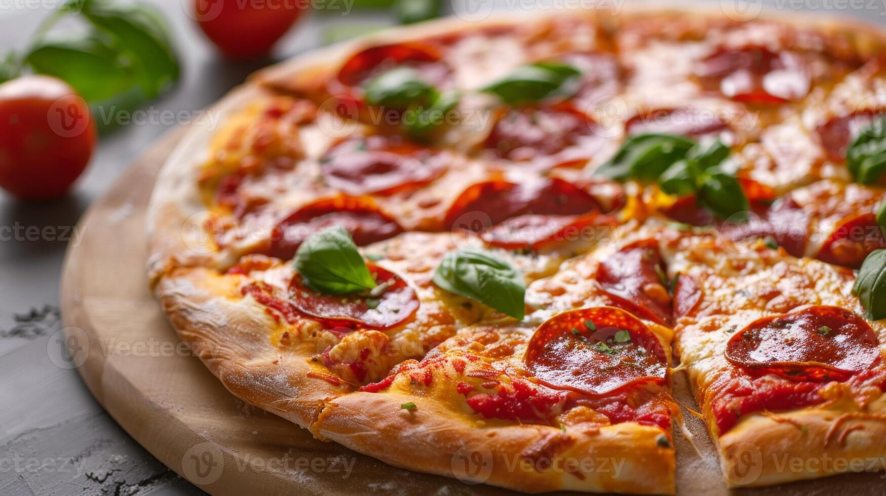 delicioso calabresa pizza com queijo e manjericão em uma de madeira borda vitrines italiano cozinha foto