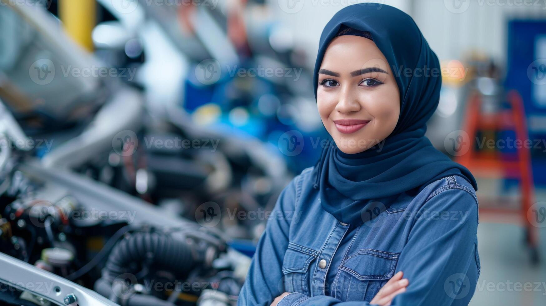 confiante mulher mecânico dentro hijab às a automotivo garagem vitrines diversidade e fortalecimento dentro a profissão foto