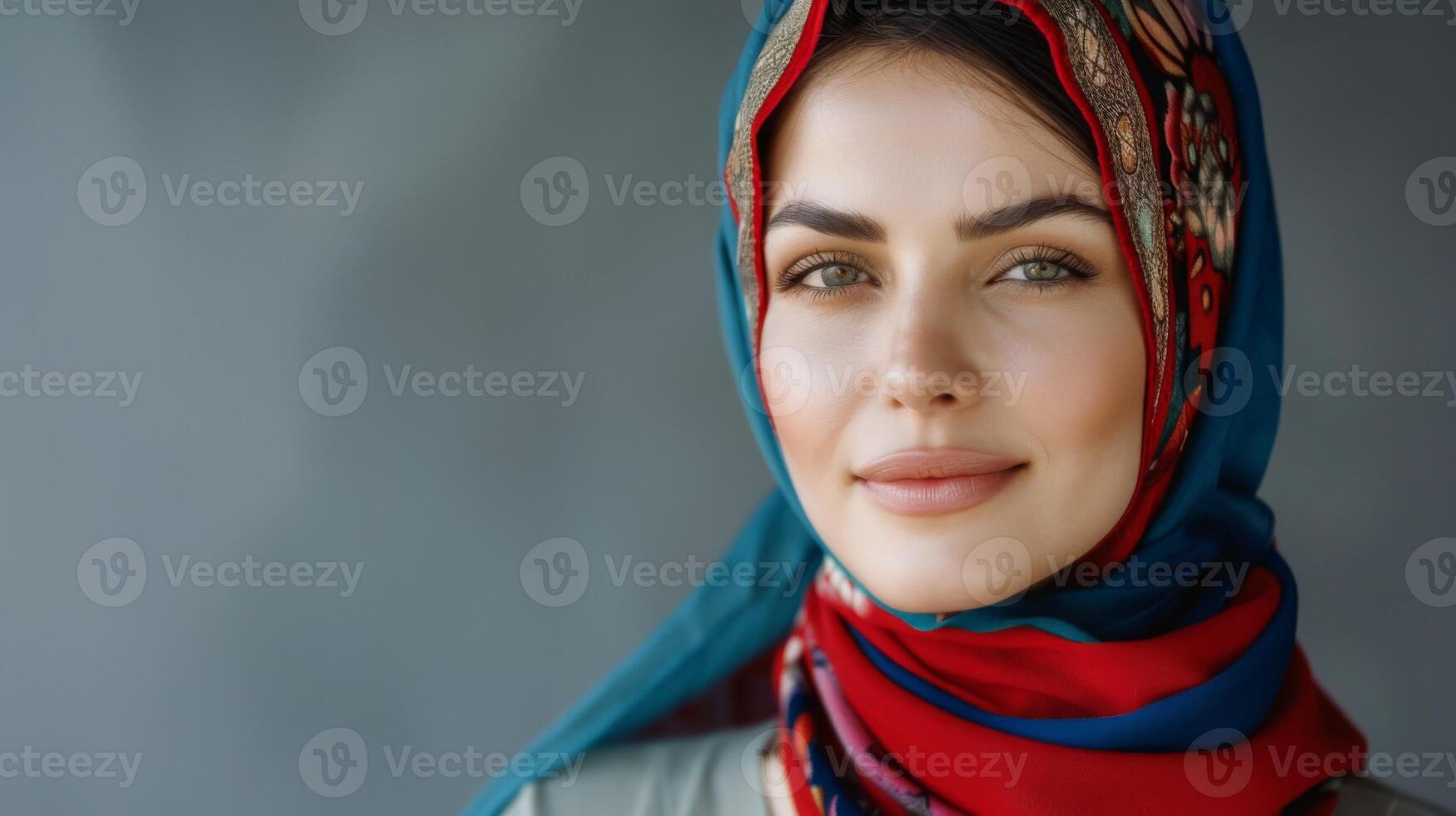 retrato do uma lindo turco mulher com elegância e tradicional lenço de cabeça mostrando cultura e moda foto