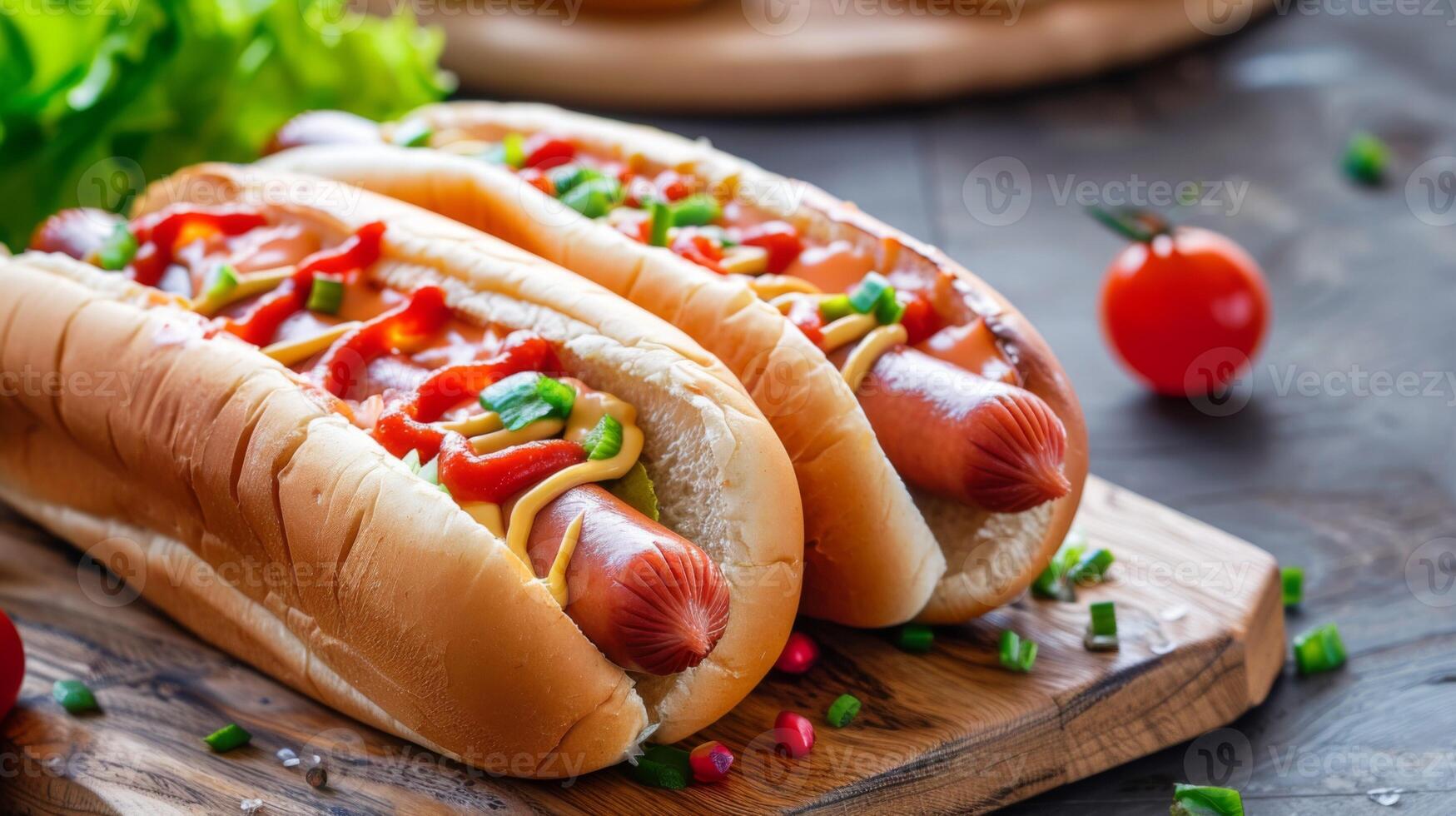 delicioso quente cachorro com mostarda, ketchup, pão e linguiça refeição em uma madeira borda foto