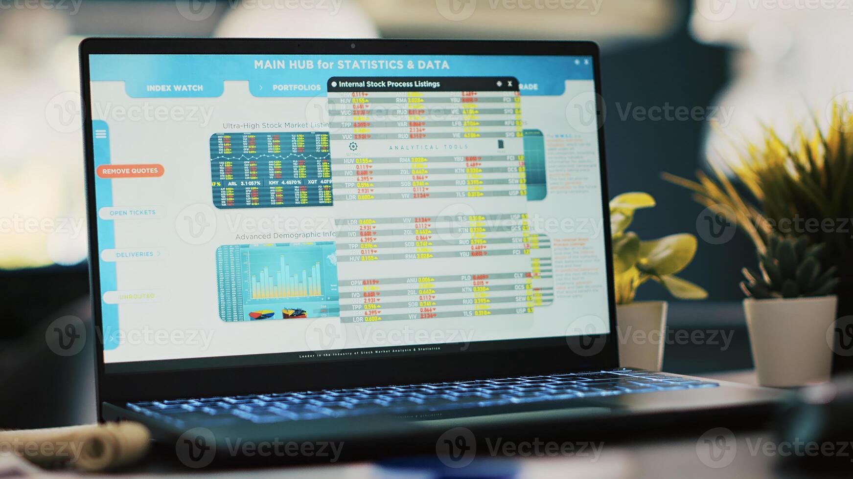 caderno tela com estoque mercado dados coletado dentro escritório para desenvolve negociação estratégias e algoritmos, fechar acima tomada. computador portátil em escrivaninha dentro companhia local de trabalho mostrando negociação plataforma foto