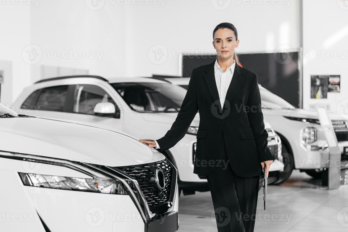 fêmea competente carro revendedor dentro uma terno com tábua às concessionária Centro. Gerente dentro auto concessionária apresenta Novo carros. revendedor dando chave para Novo proprietário dentro auto mostrar ou salão. foto