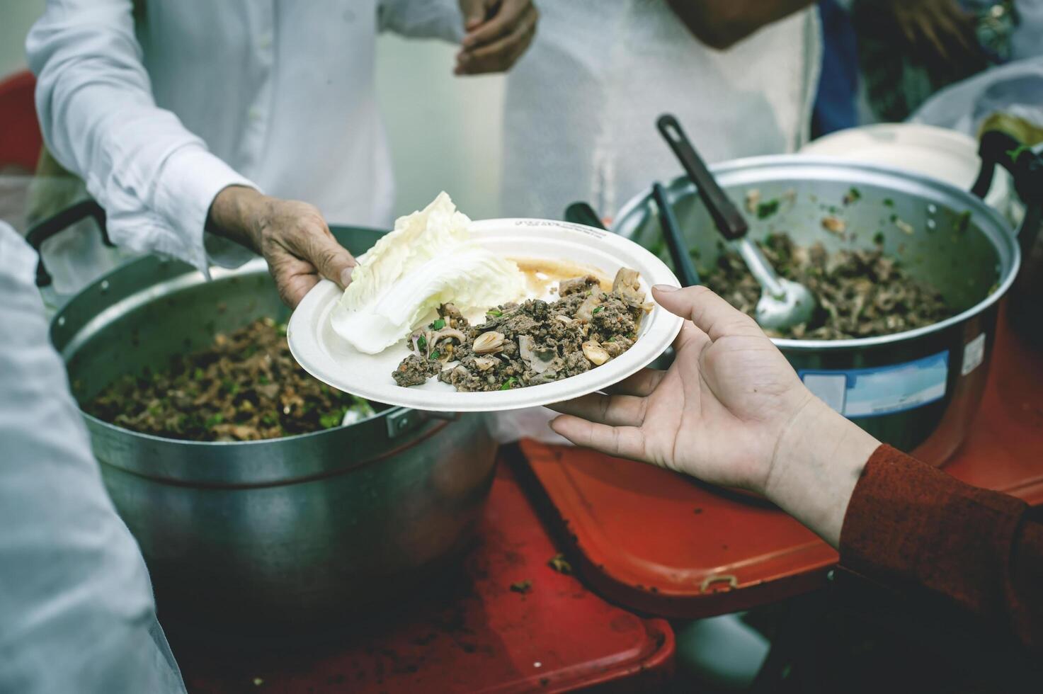 voluntários oferta livre Comida para a pobre. a conceito do Comida compartilhamento. foto