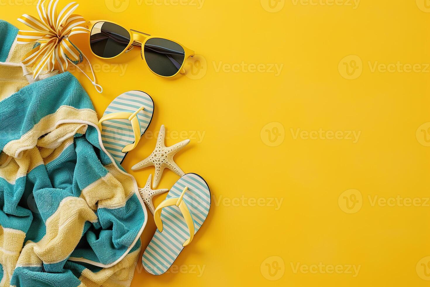 de praia acessórios em a amarelo fundo - oculos de sol, toalha e sandálias de dedo. horário de verão fundo com cópia de espaço. flatlay. foto