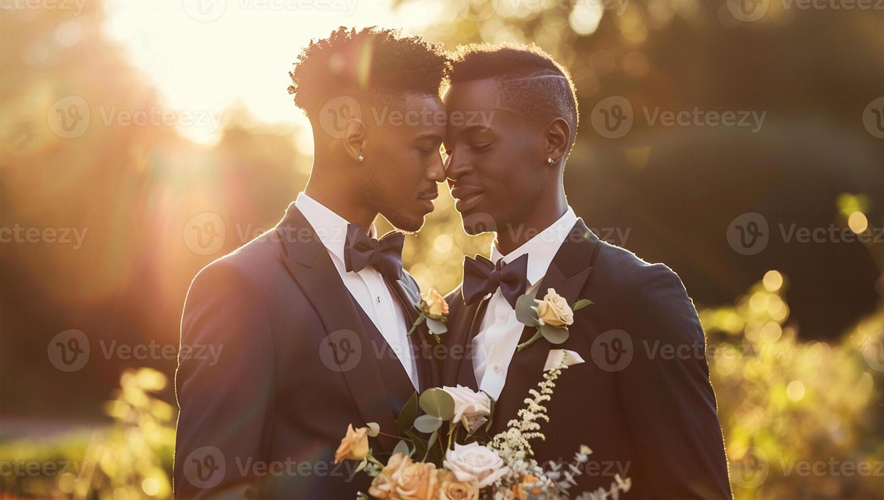 fotografia do dois bonito jovem homens dentro smoking e arco gravata, segurando Casamento ramalhete às pôr do sol, gay casal foto