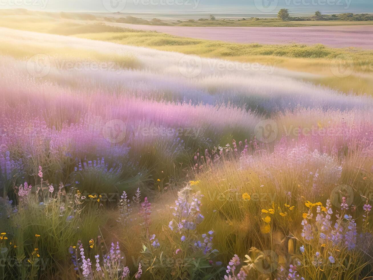 verão lavanda Prado. uma lindo Primavera flor campo. natural colorida panorama com selvagem flores em a pôr do sol foto