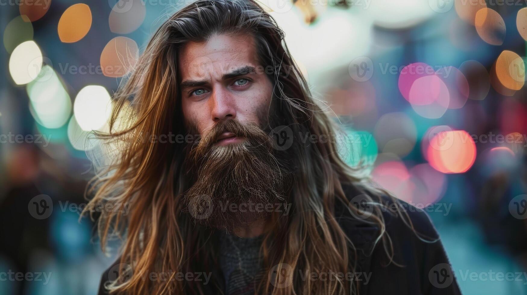 uma homem com grandes fluindo cabelo e uma cheio barba carrinhos com confiança desafiador social expectativas do uma limpar \ limpo aparência foto