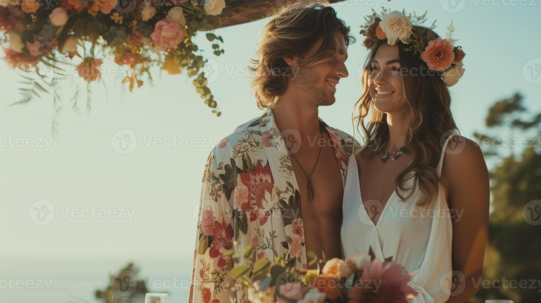 uma bordado quimono desgastado sobre uma escorregar vestir perfeito para uma inspiração boêmia de praia casamento. completo a Veja com espião sandálias e uma flor coroa foto