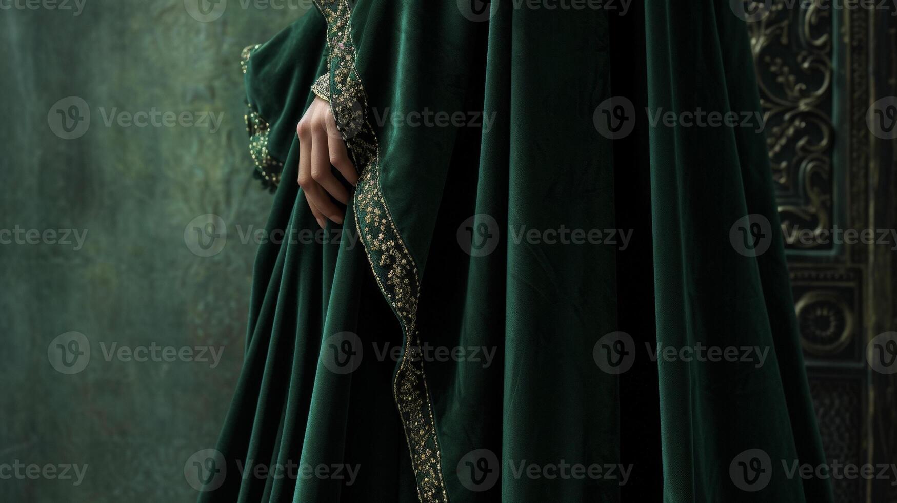 uma régio esmeralda verde veludo capa dd sobre uma rico caxemira vestido com intrincado perolização escorrendo opulento charme foto