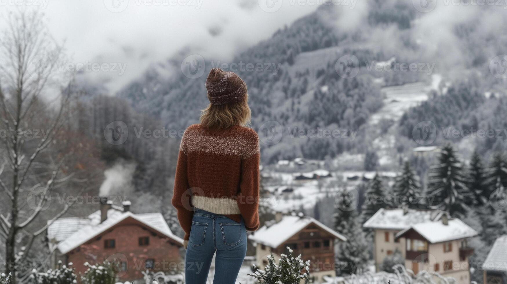 uma acolhedor suéter fez a partir de reciclado caxemira emparelhado com sustentável jeans jeans para uma acolhedor inverno dia dentro uma pitoresco Vila aninhado dentro a montanhas foto