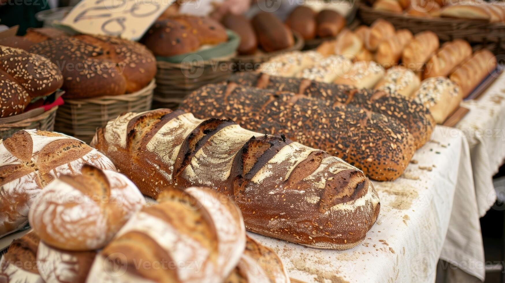 uma seleção do artesão pão pães exibido em uma mercado mesa cada com uma único forma e sabor pronto para estar ocupado casa e curtiu foto