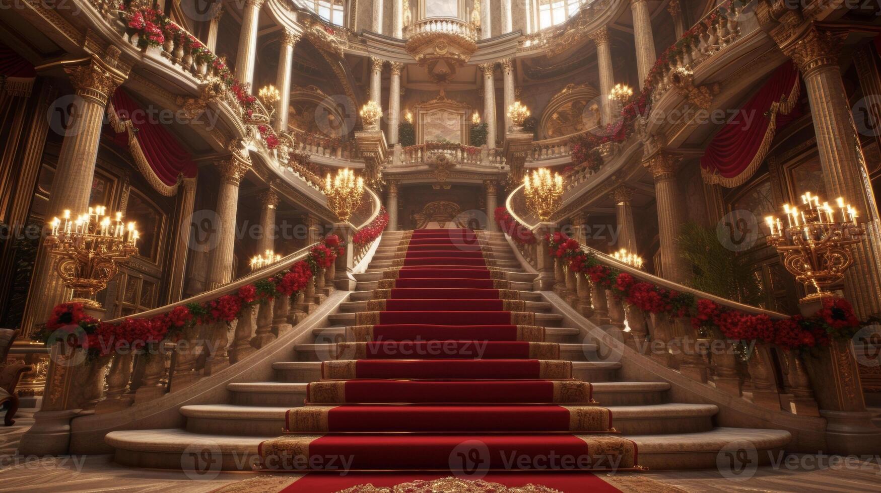 fundo a grande Escadaria do uma castelo é a perfeito localização para você para mostruário seu princesa vestido criando uma sonhadores e mágico vermelho tapete momento foto