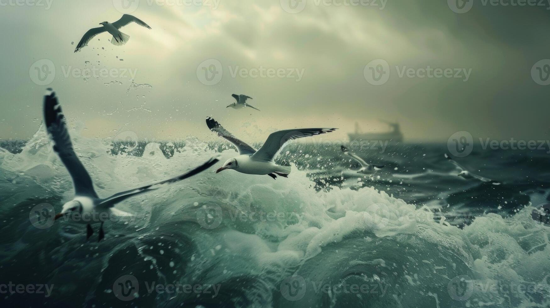 uma do gaivotas mosca dentro formação sobre a oceano seus chora ecoando através a água foto