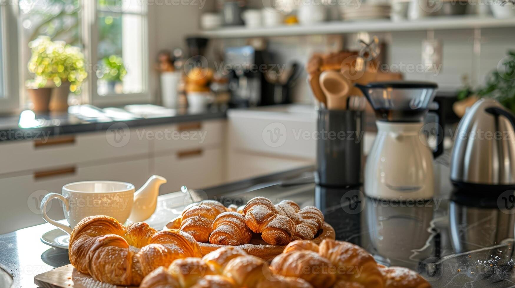 uma cozinha bancada com uma espalhar do recentemente cozido pastelaria e uma cheio café Panela pronto para uma lento e pacífico começar para a dia foto