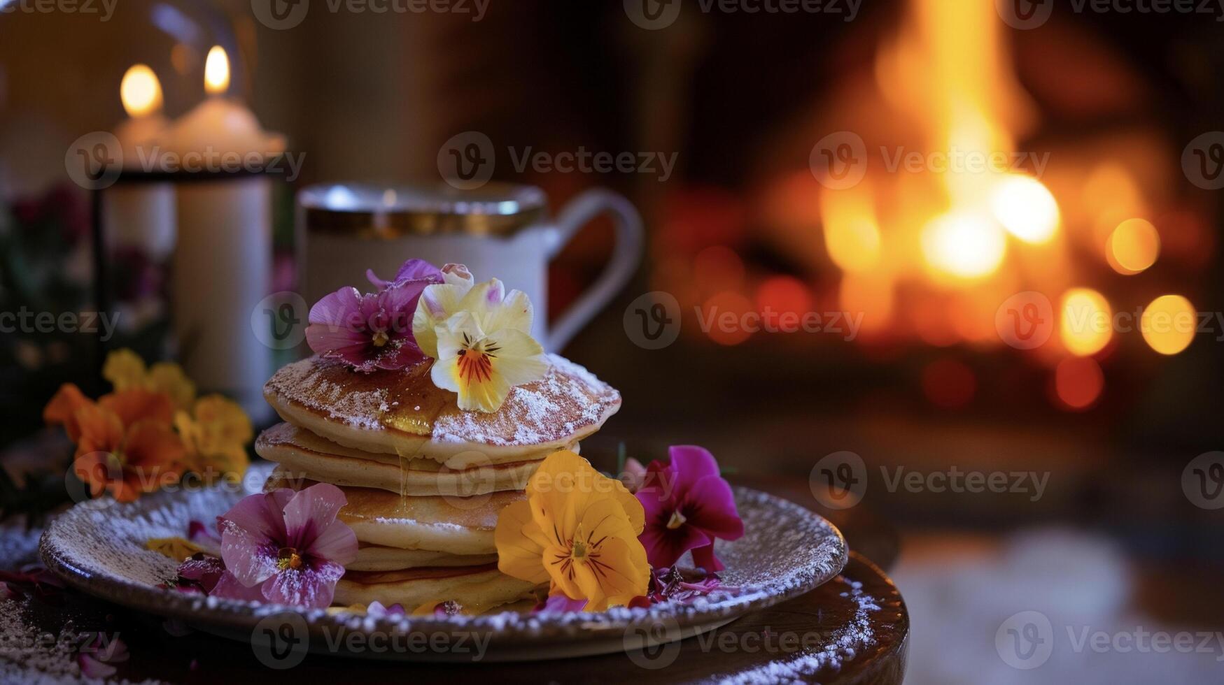 aquecer dentro a mágico ambiente do uma rugindo lareira enquanto indulgente dentro esses fofo panquecas adornado com delicado comestível flores e uma borrifar do fada Magia foto