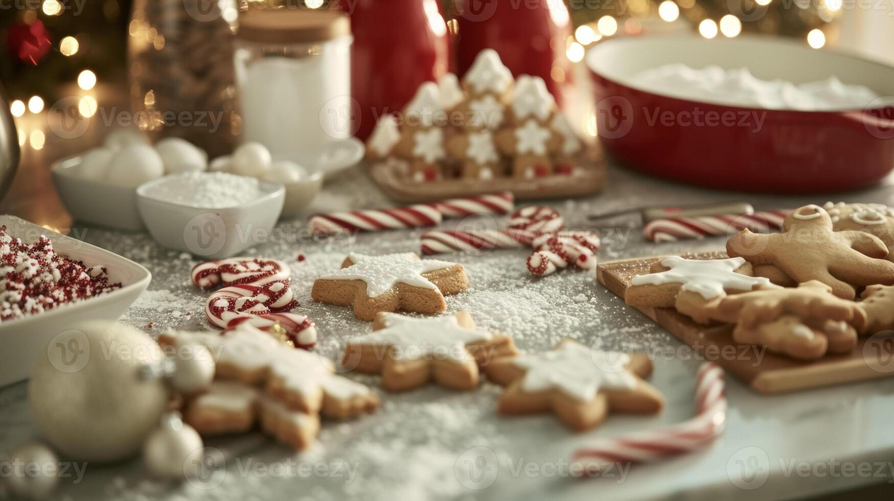 uma cozinha contador movimentado com ingredientes e tema de férias bolacha termos Como uma grupo coze e decora guloseimas para a próximos festividades foto