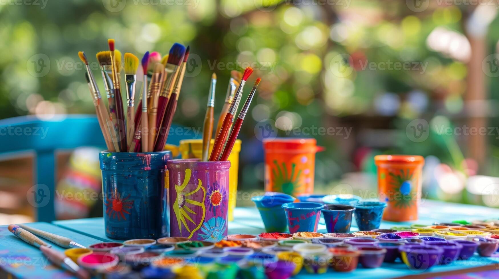 uma colorida sortimento do tintas e escovas sentar Fora em a mesa pronto para convidados para adicionar seus pessoal toque para seus pitada potes. foto