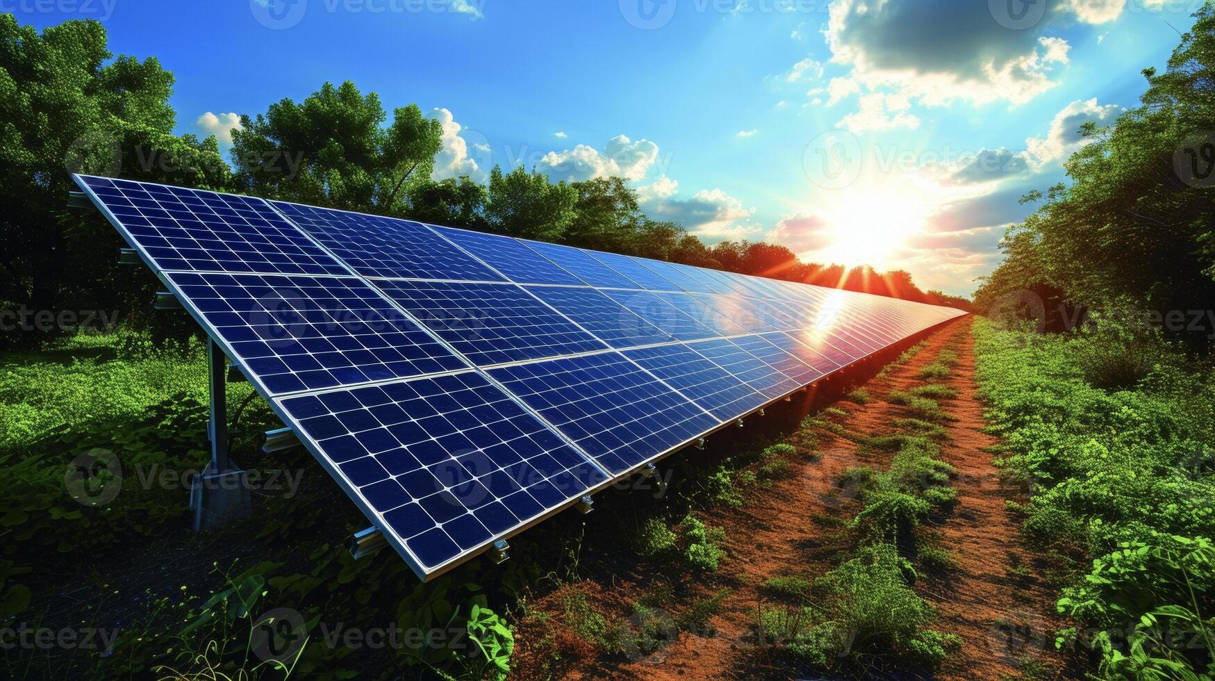 a ao ar livre tiro do uma solar painel matriz em uma cobertura com a Sol brilhando baixa e energizando a lar. a rubrica lê arreios a poder do a Sol para faço seu casa Mais eficiência energética foto