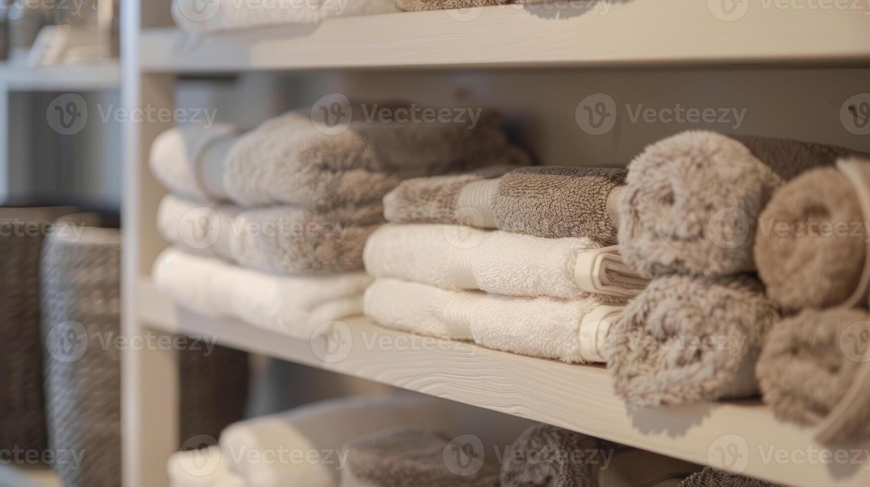 suave pelúcia toalhas dentro tons do branco e bege estão ordenadamente empilhado em uma perto estante adicionando para a luxuoso ambiente. 2d plano desenho animado foto