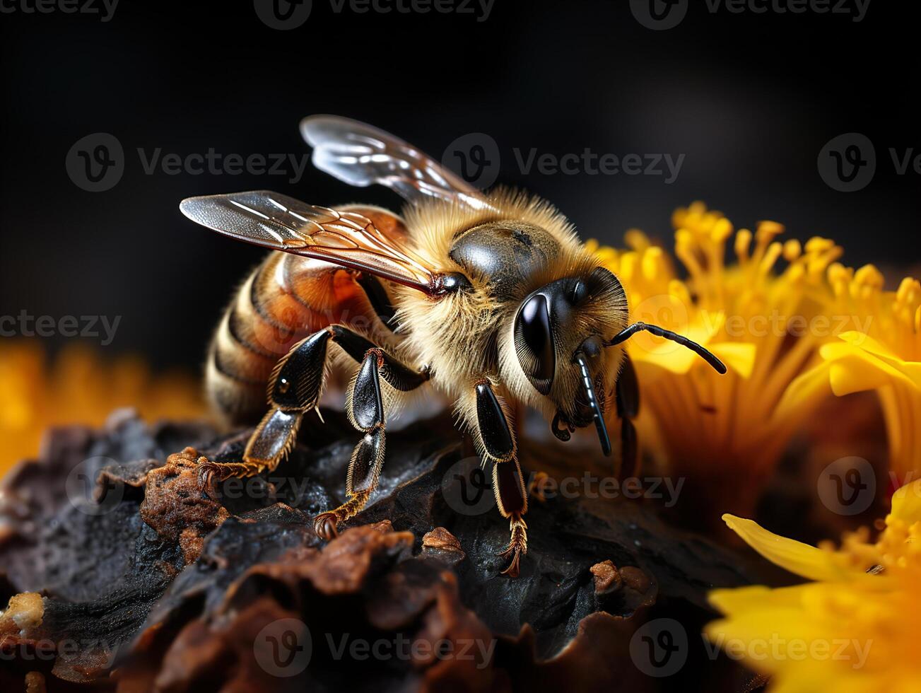 ai gerado detalhado foto do uma abelha em uma flor macro generativo ai