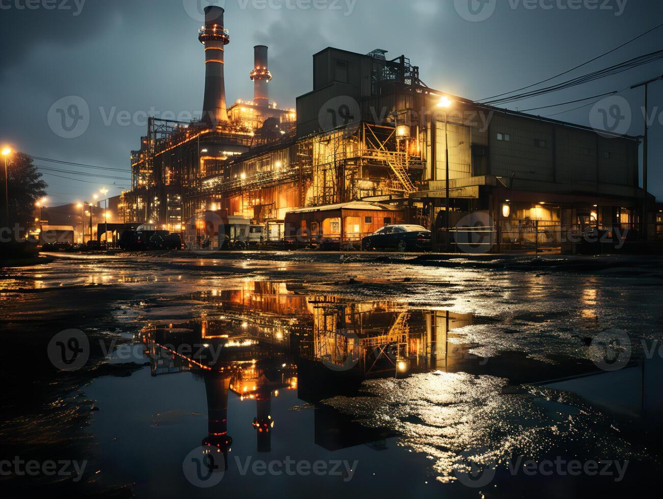 ai gerado noite fábrica fábrica fumar chaminés generativo ai foto