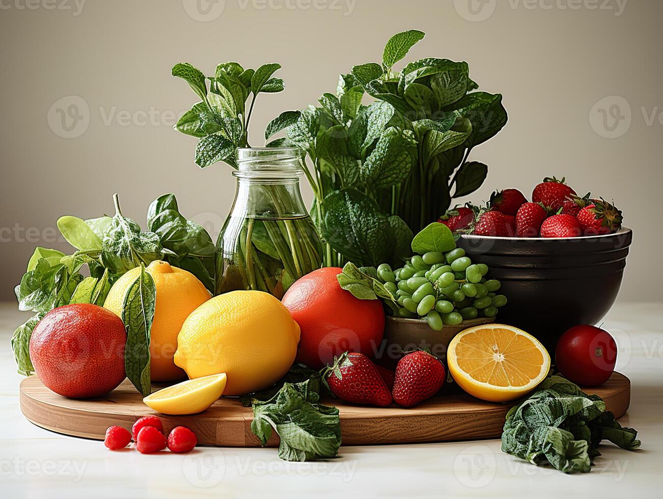 ai gerado frutas e bagas cítricos uma garrafa do natural suco, generativo ai foto