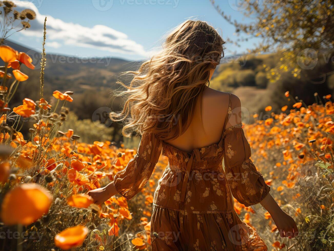 ai gerado uma menina anda em dentro uma papoula campo Visão a partir de a costas generativo ai foto