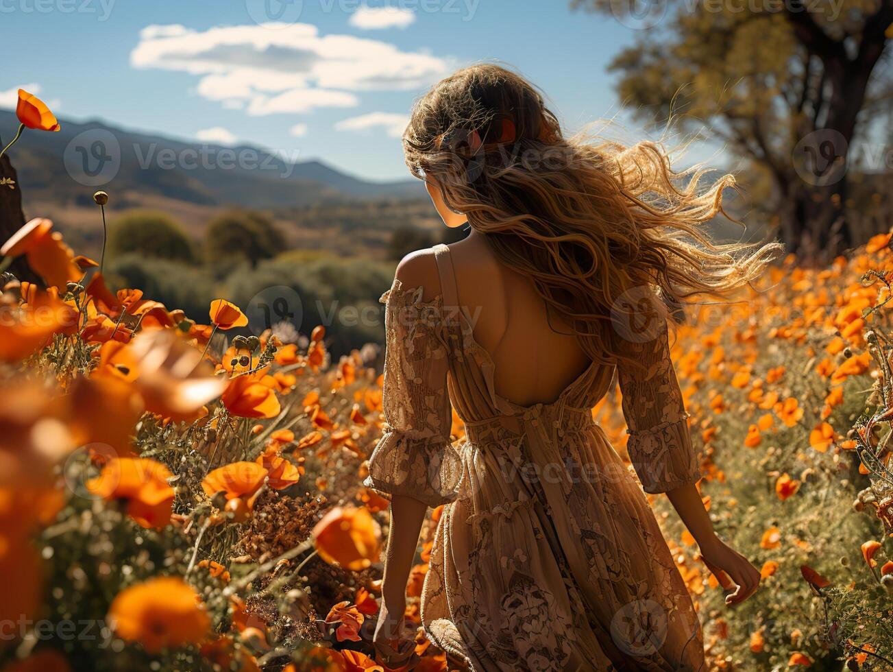 ai gerado uma menina anda em dentro uma papoula campo Visão a partir de a costas generativo ai foto