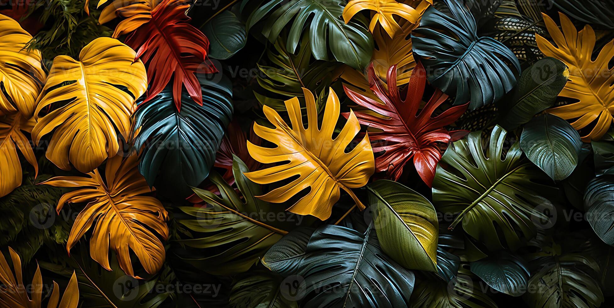 ai gerado lindo vermelho verde amarelo selva do exuberante Palma folhas generativo ai foto