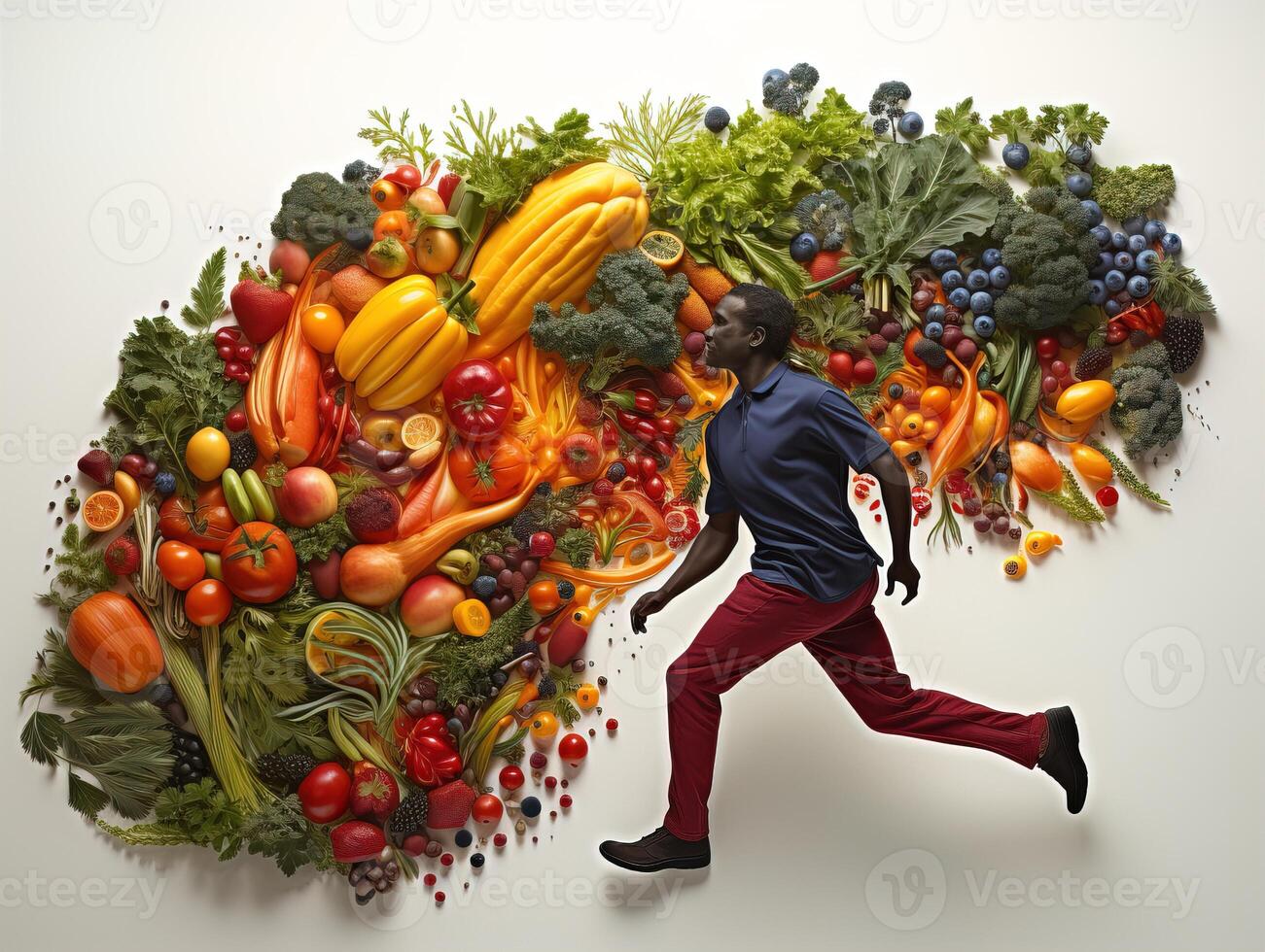 ai gerado silhueta do uma homem corrida em a fundo do legumes e frutas saudável comendo generativo ai foto