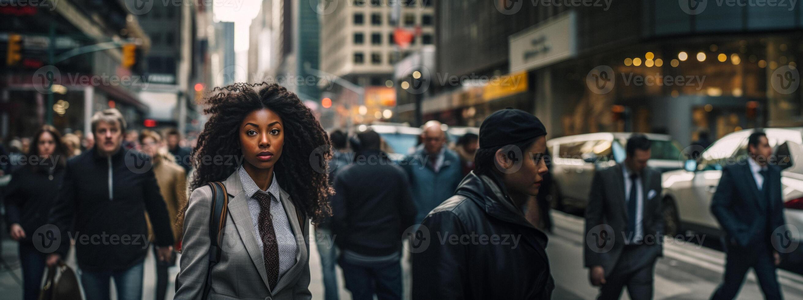 ai gerado menina dentro uma embaçado cidade multidão generativo ai foto