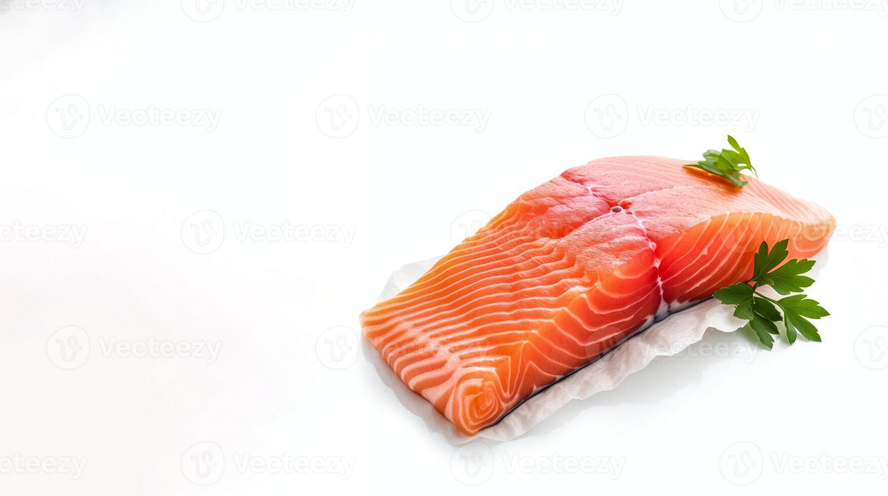 ai gerado salmão fatias em uma branco fundo com verduras generativo ai foto