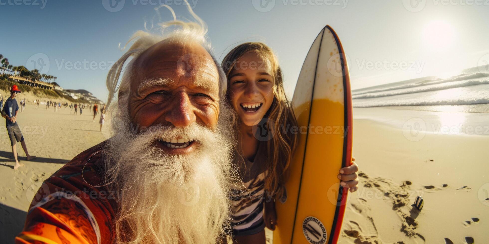 ai gerado idosos surfista em a de praia generativo ai foto