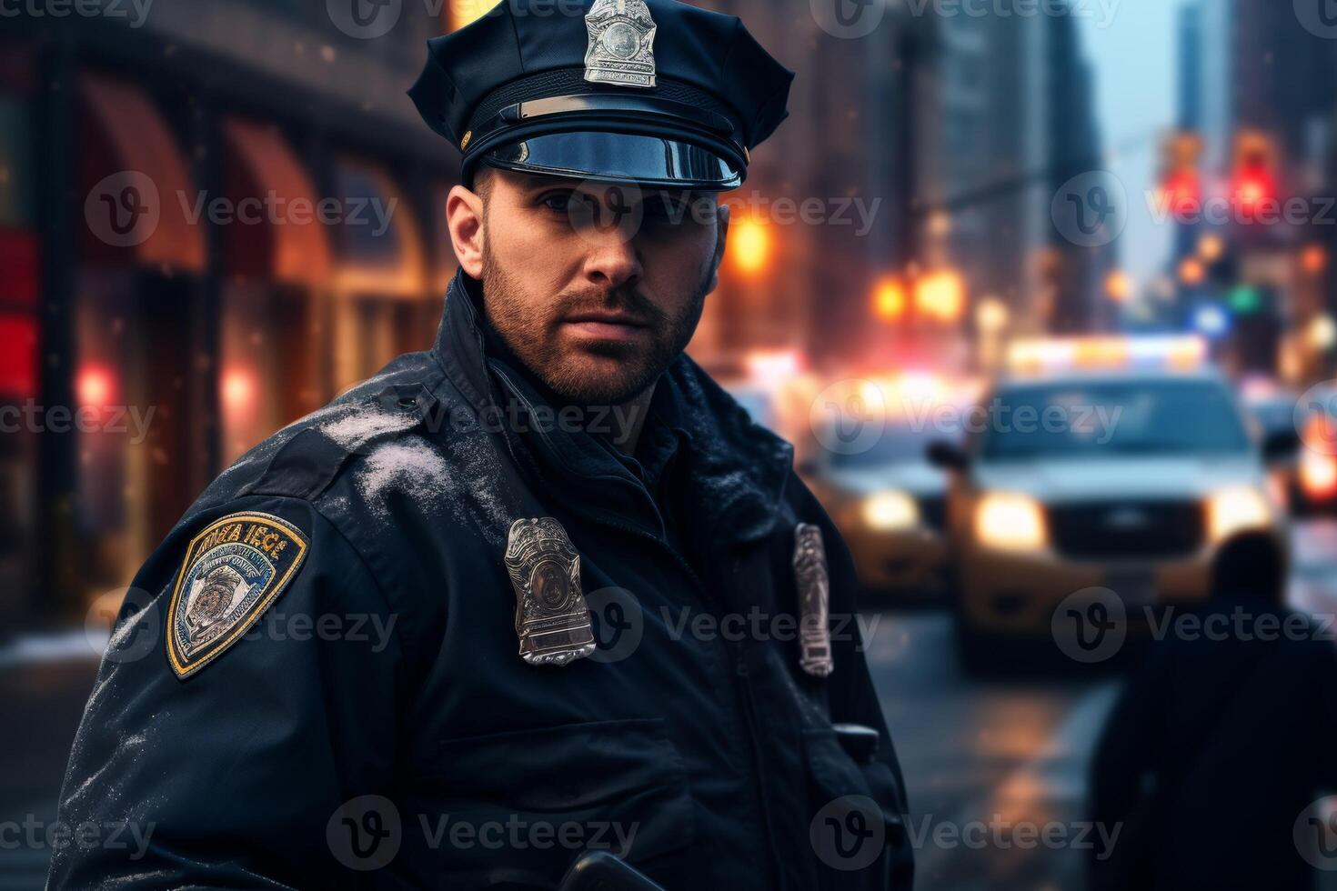 masculino polícia Policial em uma cidade rua foto