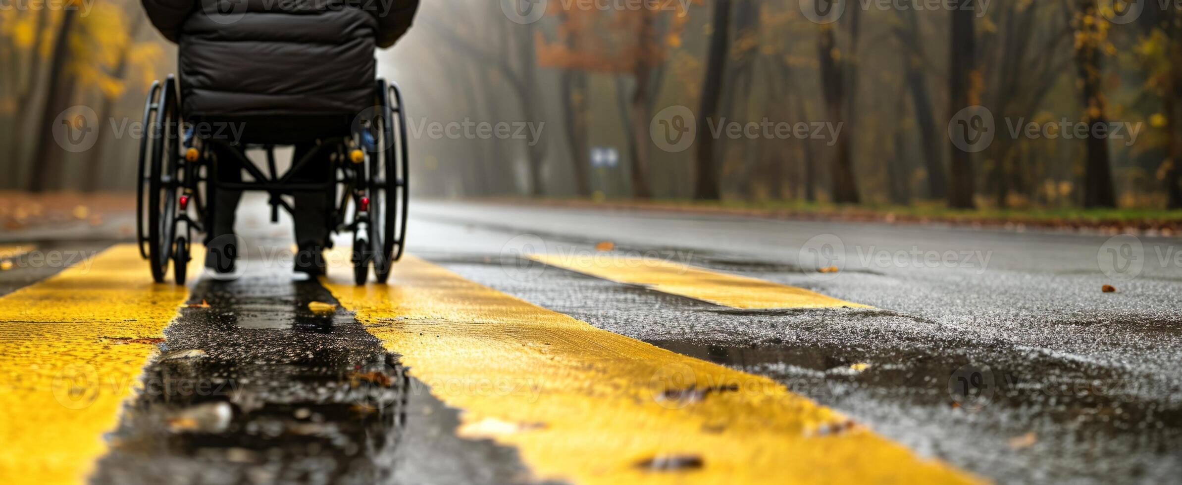 Desativado pessoa dentro uma cadeira de rodas passeios baixa a rua foto