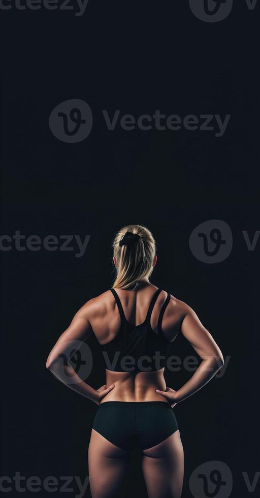 Atlético Loiras menina dentro Esportes roupa íntima em uma Preto fundo, costas Visão bandeira foto