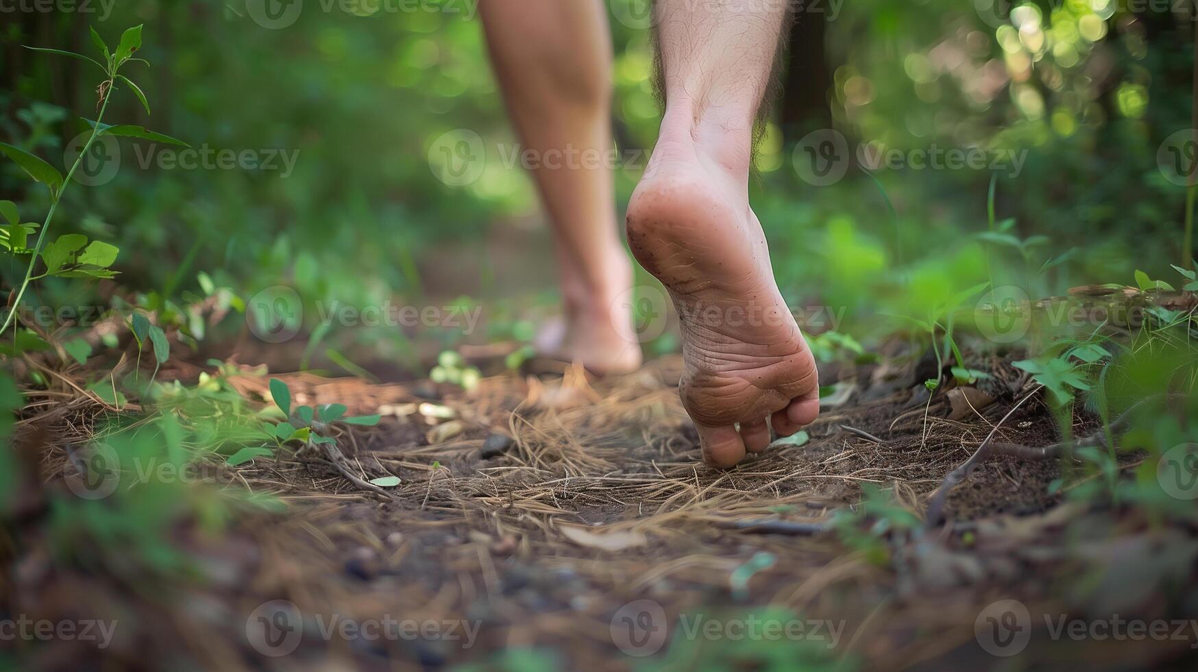 descalço homem caminhando dentro a floresta em uma sujeira trilha. foto