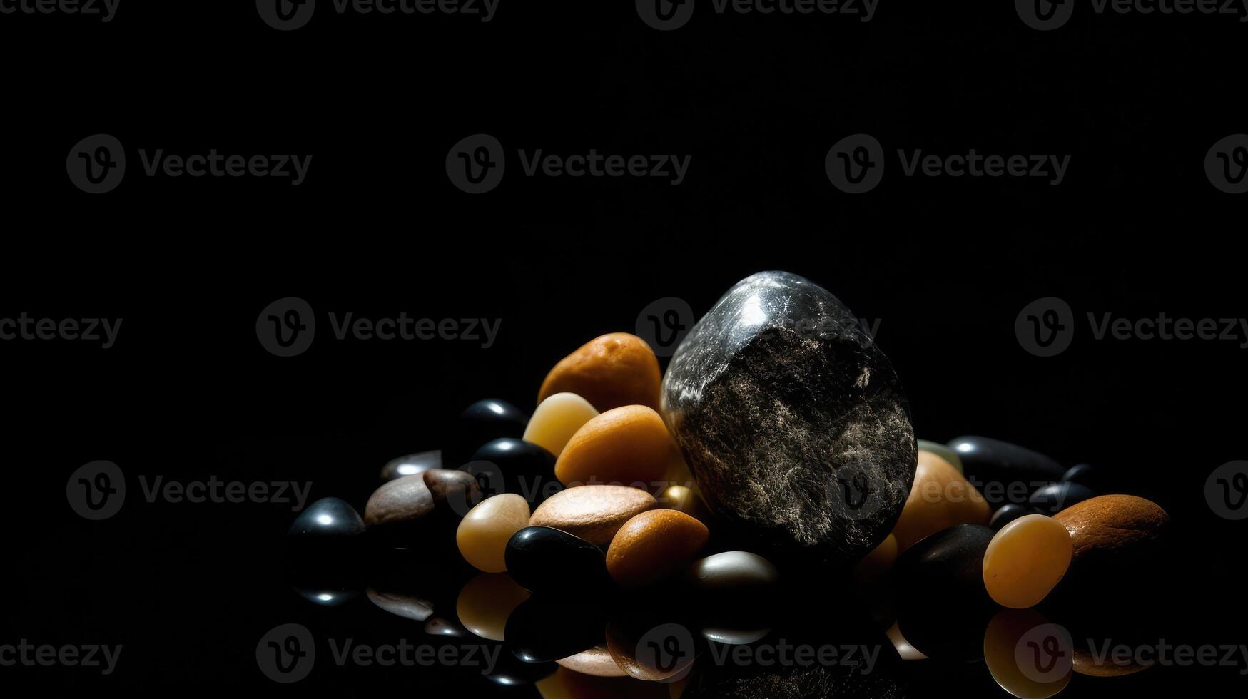 iluminado pedras em Sombrio fundo exibindo natural beleza e textura dentro dramático iluminação foto