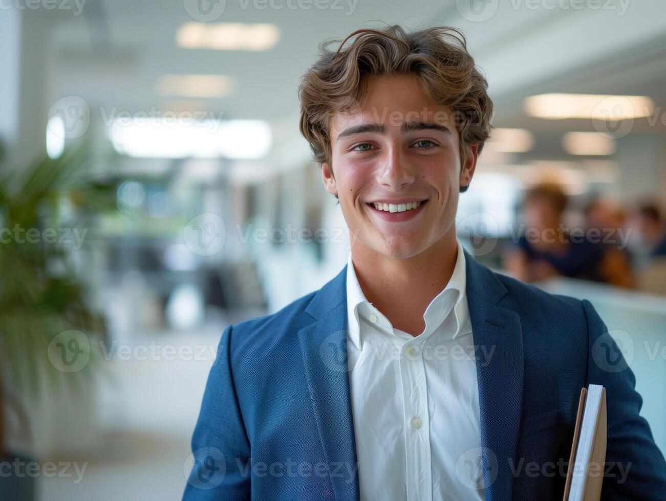 uma jovem homem dentro uma terno e gravata é sorridente e segurando uma caderno foto