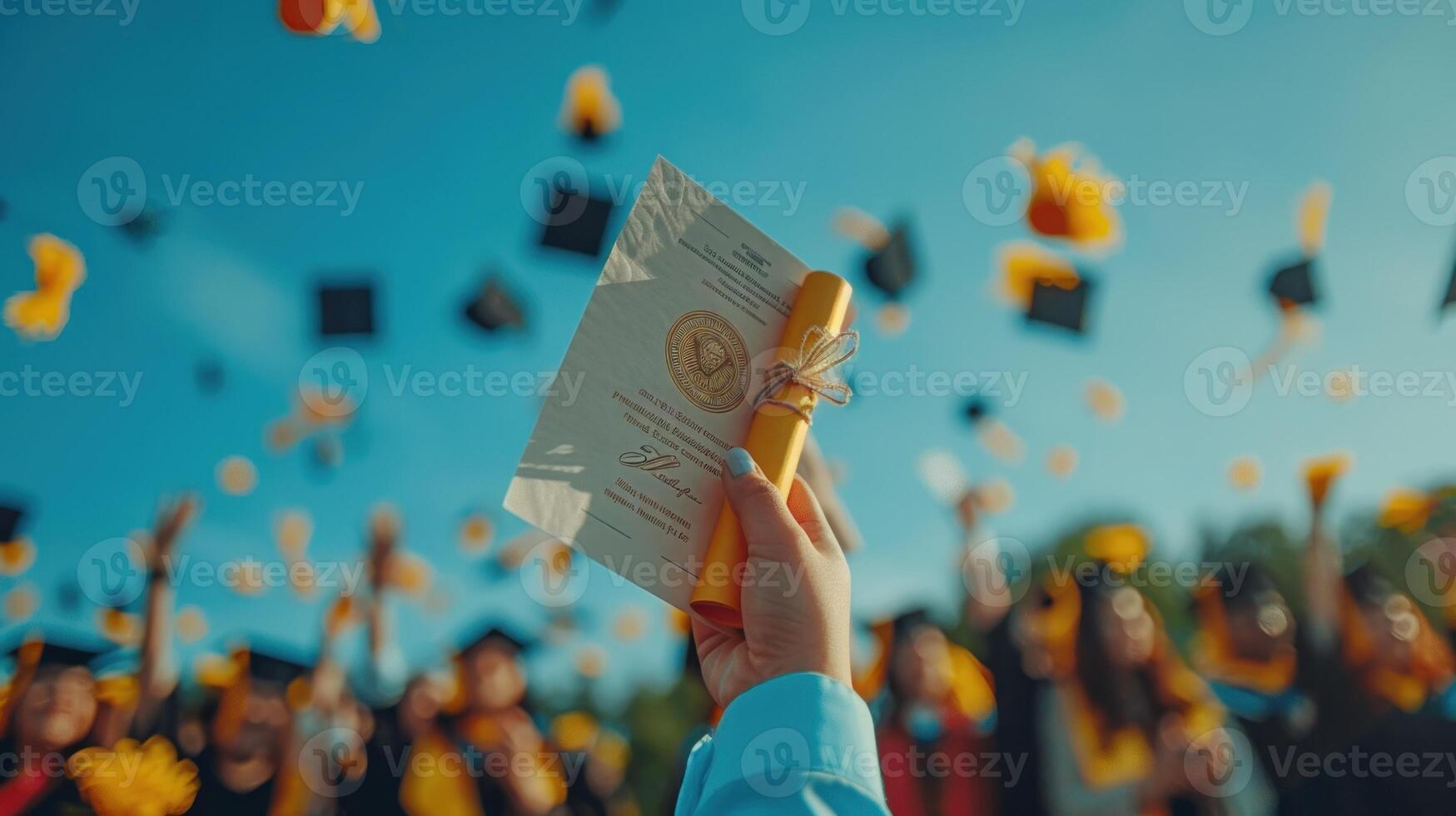 uma pessoa é segurando uma diploma e uma boné enquanto vôo através a ar foto