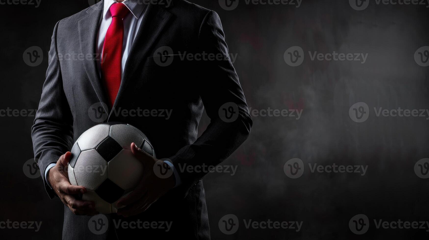 uma futebol Gerente vestem terno e vermelho gravata mão segurando futebol foto