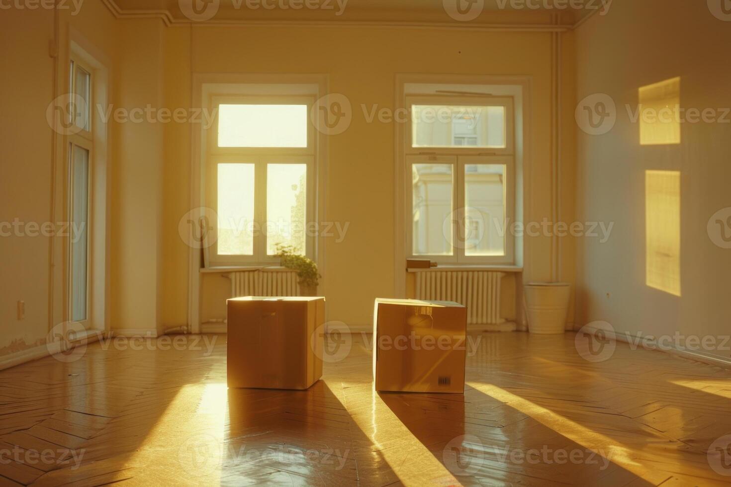 dois cartão caixas estão sentado dentro uma quarto com branco cortinas foto