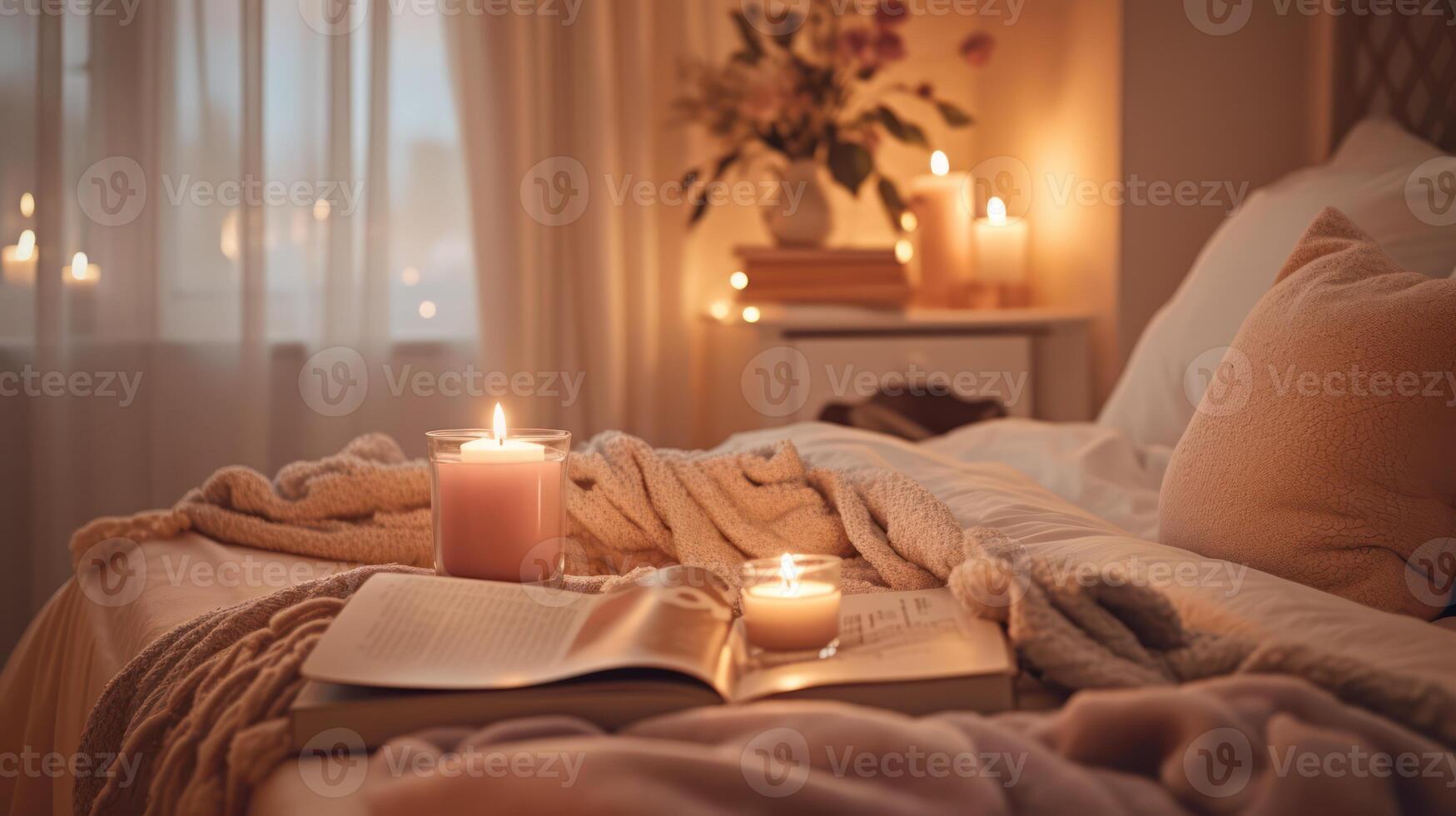 uma suavemente aceso quarto com velas, a aberto livro, pelúcia cobertores, e uma calmante cor paleta criando uma tranquilo retiro. foto