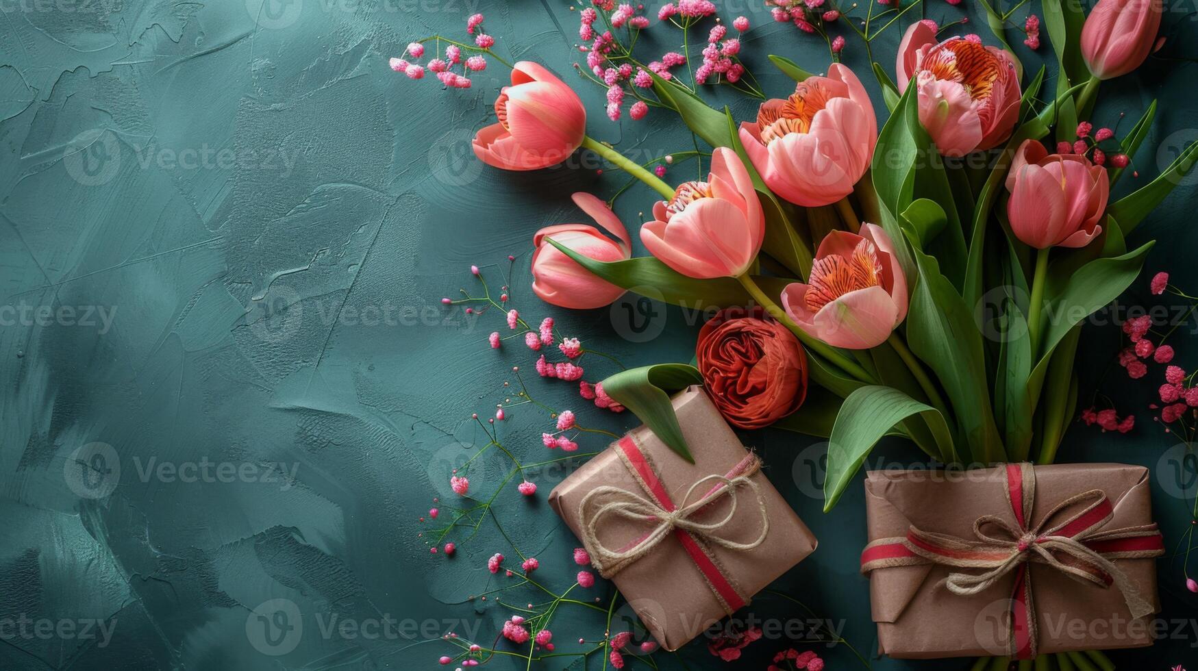 elegante presentes embrulhado dentro Castanho papel amarrado com vermelho fita ao lado Rosa tulipas e coral flores em uma texturizado cerceta fundo, perfeito para mãe dia. foto