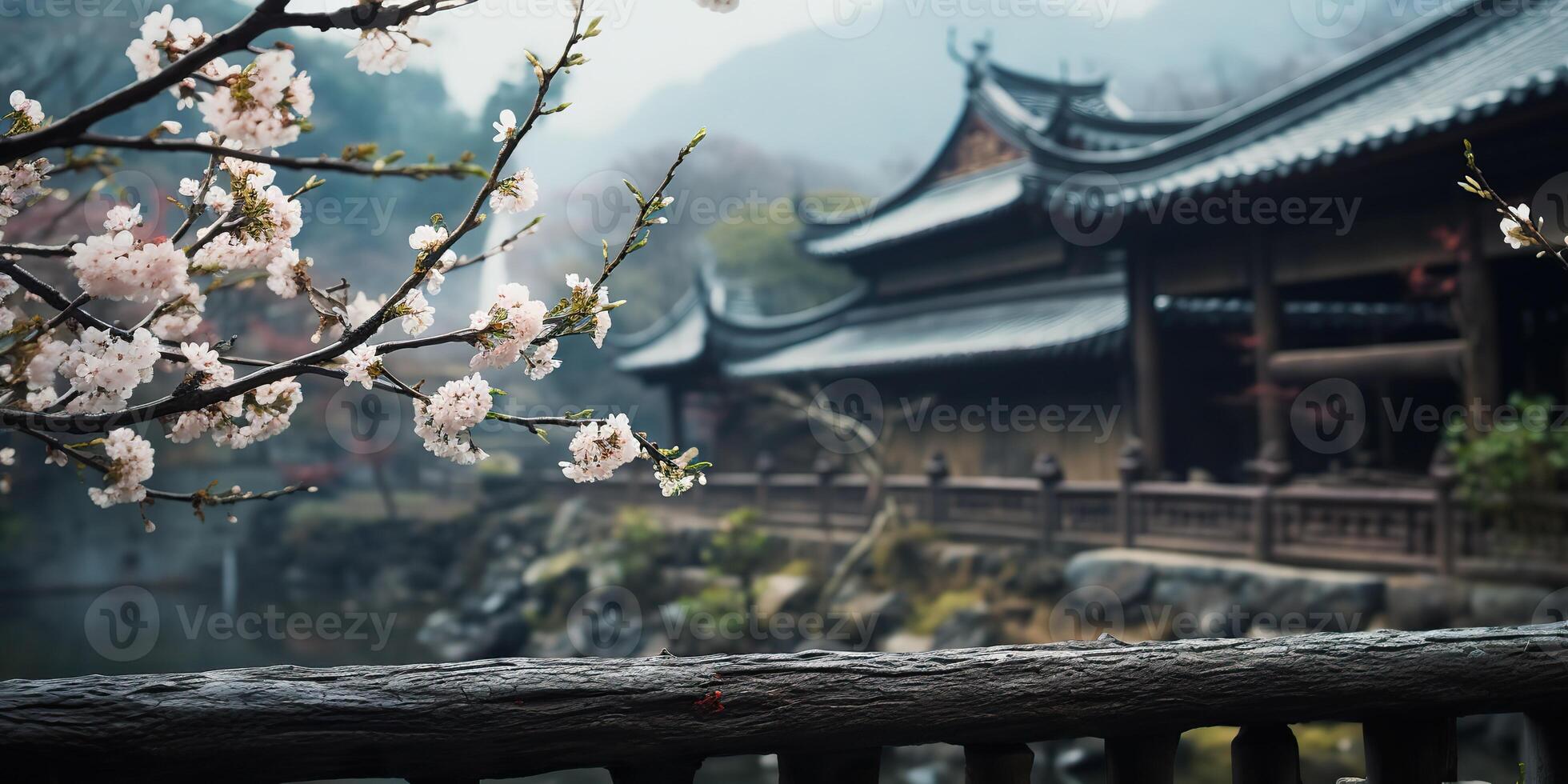 antigo ásia japonês chinês velho vintage retro Cidade cidade construção têmpora com natureza árvore flores foto