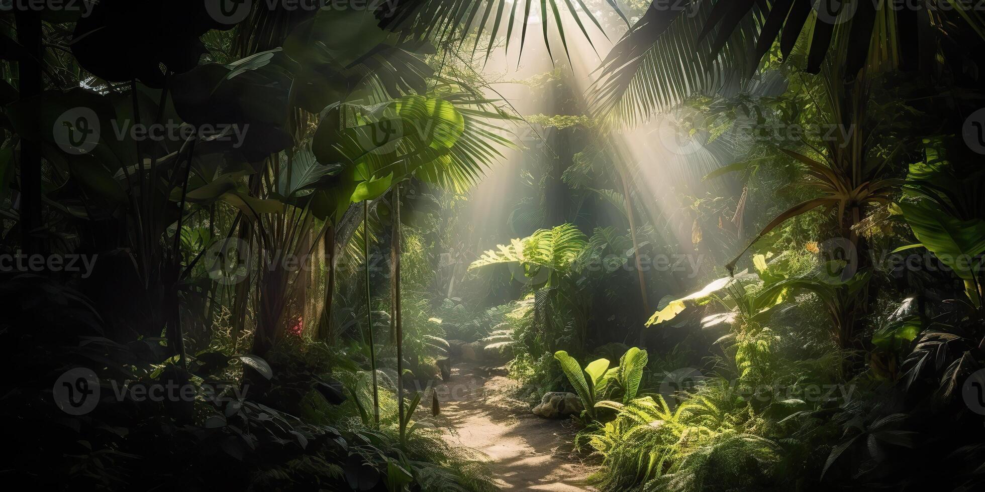 tropical chuva selva profundo floresta com bebê raio luz brilhando. natureza ao ar livre aventura vibração cena fundo Visão foto