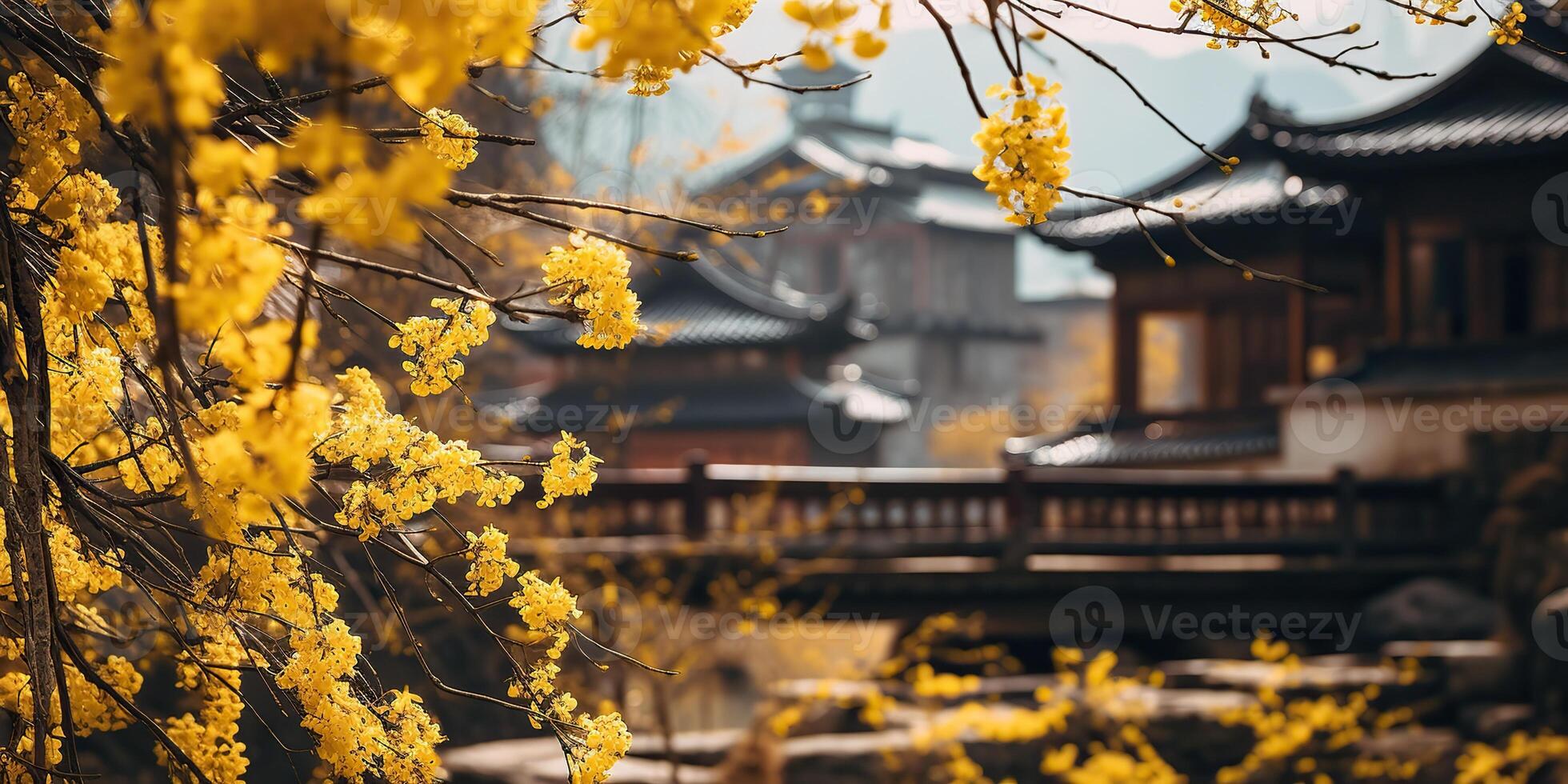 antigo ásia japonês chinês velho vintage retro Cidade cidade construção têmpora com natureza árvore flores foto