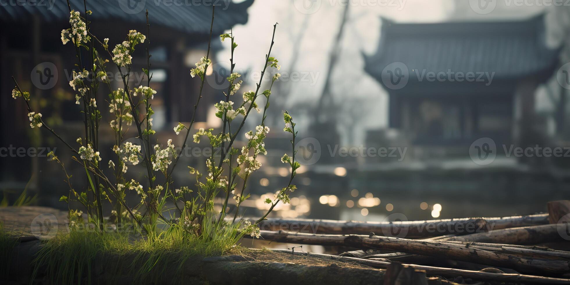 antigo ásia japonês chinês velho vintage retro Cidade cidade construção têmpora com natureza árvore flores foto