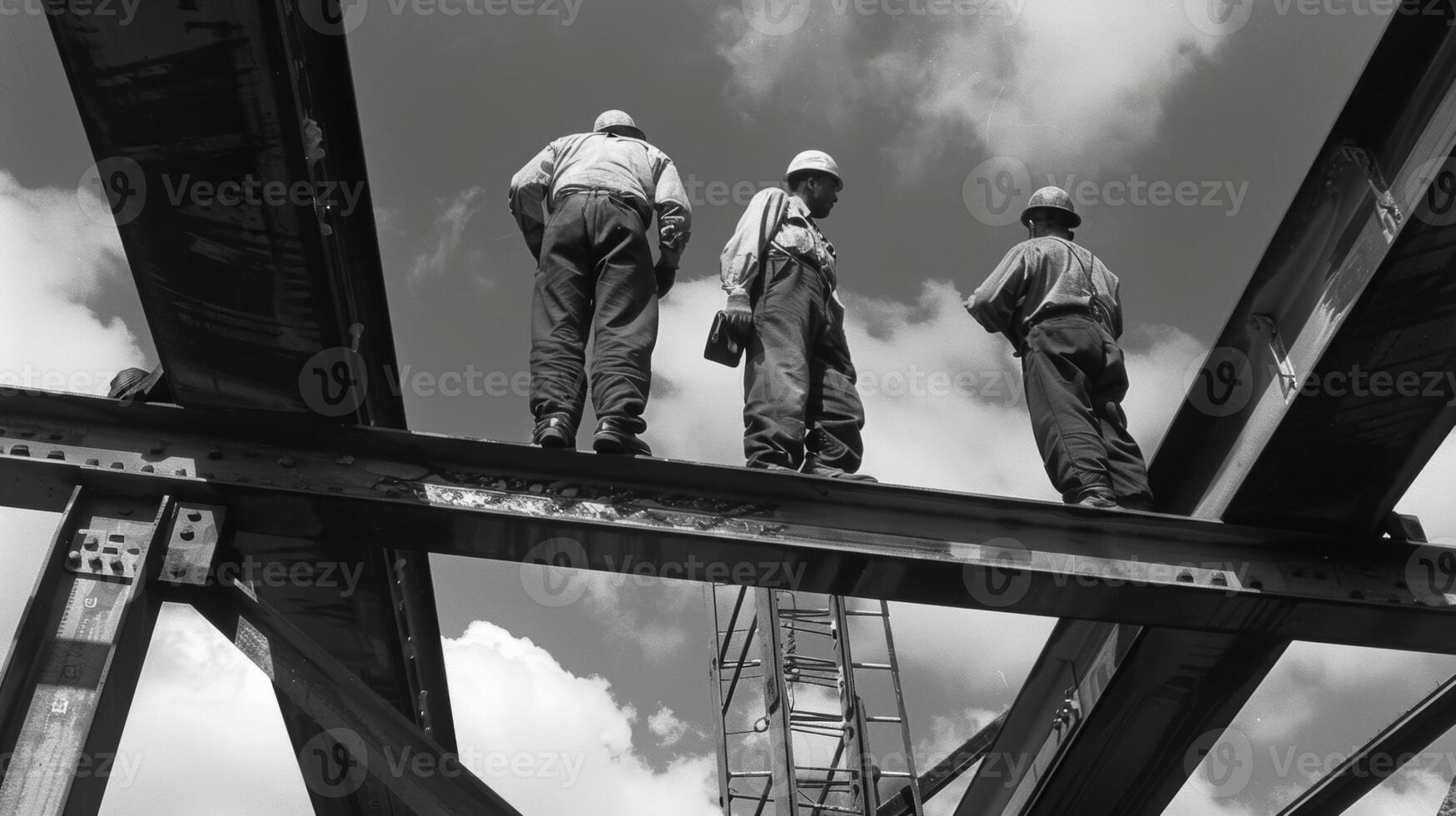 uma grupo do engenheiros em pé em a parcialmente construído aço feixes do a ponte cuidadosamente planejamento Fora a Próximo passos foto